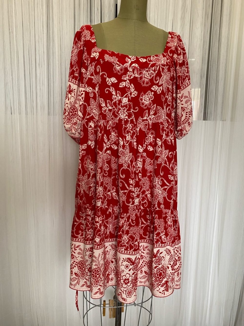 Red Floral Puff Sleeve Square Neck Tiered Boho Midi Dress